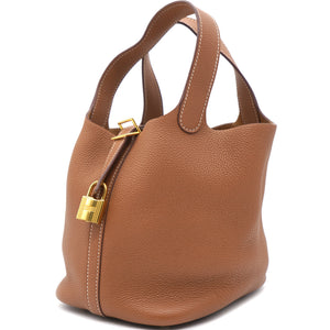 Clemence Leather Picotin Lock 18 Bag Gold