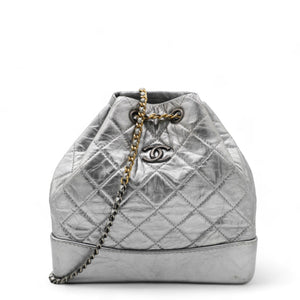 Metallic Crumpled Calfskin Quilted Gabrielle Backpack Silver