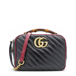 Vintage Effect Matelasse Diagonal Torchon GG Marmont Bamboo Top Handle Shoulder Bag Black