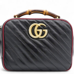 Vintage Effect Matelasse Diagonal Torchon GG Marmont Bamboo Top Handle Shoulder Bag Black