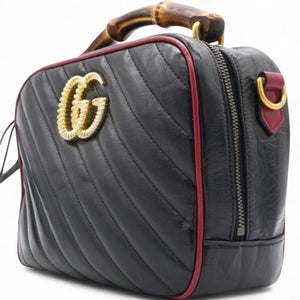 Vintage Effect Matelasse Diagonal Torchon GG Marmont Bamboo Top Handle Shoulder Bag Black