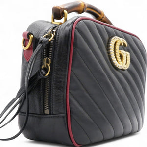 Vintage Effect Matelasse Diagonal Torchon GG Marmont Bamboo Top Handle Shoulder Bag Black