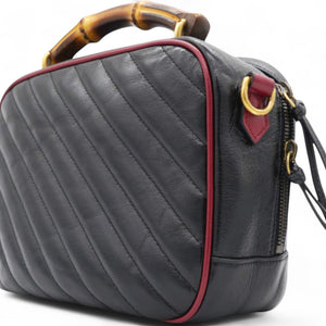 Vintage Effect Matelasse Diagonal Torchon GG Marmont Bamboo Top Handle Shoulder Bag Black