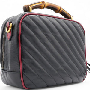 Vintage Effect Matelasse Diagonal Torchon GG Marmont Bamboo Top Handle Shoulder Bag Black