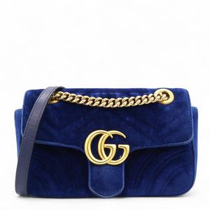 Velvet Matelasse Small GG Marmont Shoulder Bag Cobalt Blue