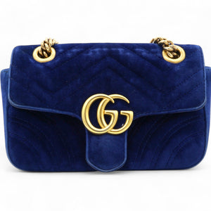 Velvet Matelasse Small GG Marmont Shoulder Bag Cobalt Blue