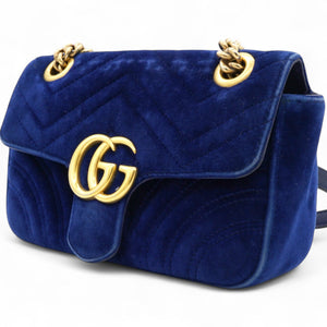 Velvet Matelasse Small GG Marmont Shoulder Bag Cobalt Blue