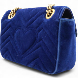 Velvet Matelasse Small GG Marmont Shoulder Bag Cobalt Blue