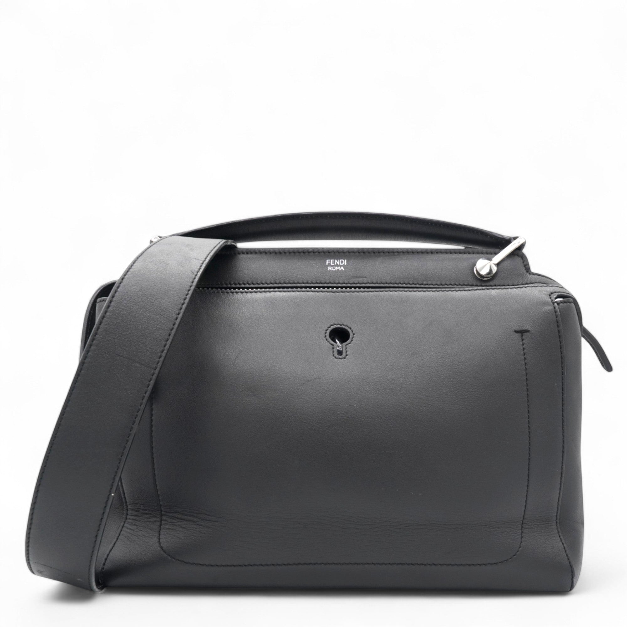 Black Leather Dotcom Top Handle Bag