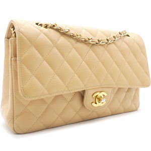 Beige Quilted Caviar Leather Classic Double Flap Bag