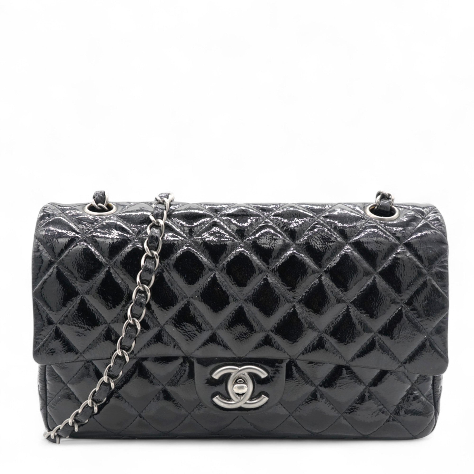 Distressed Patent Quilted Double Flap Black