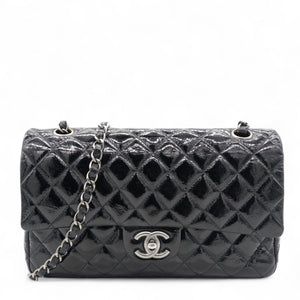 Distressed Patent Quilted Double Flap Black