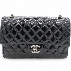 Distressed Patent Quilted Double Flap Black