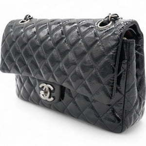Distressed Patent Quilted Double Flap Black