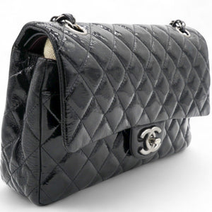 Distressed Patent Quilted Double Flap Black