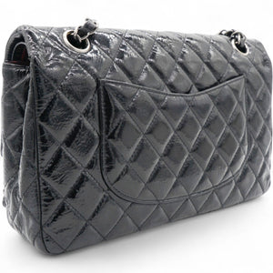 Distressed Patent Quilted Double Flap Black