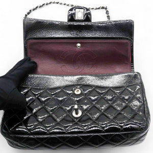 Distressed Patent Quilted Double Flap Black