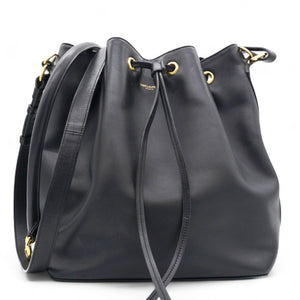 Paris Black Leather Small Emmanuelle Drawstring Bucket Bag