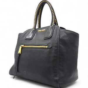 Black Madras Leather Studded Handle Tote