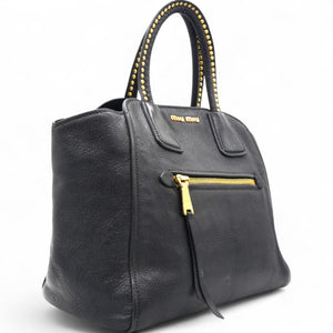 Black Madras Leather Studded Handle Tote