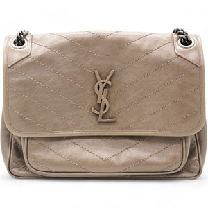 Crinkled Calfskin Matelasse Monogram Baby Niki Chain Satchel Light Taupe Medium
