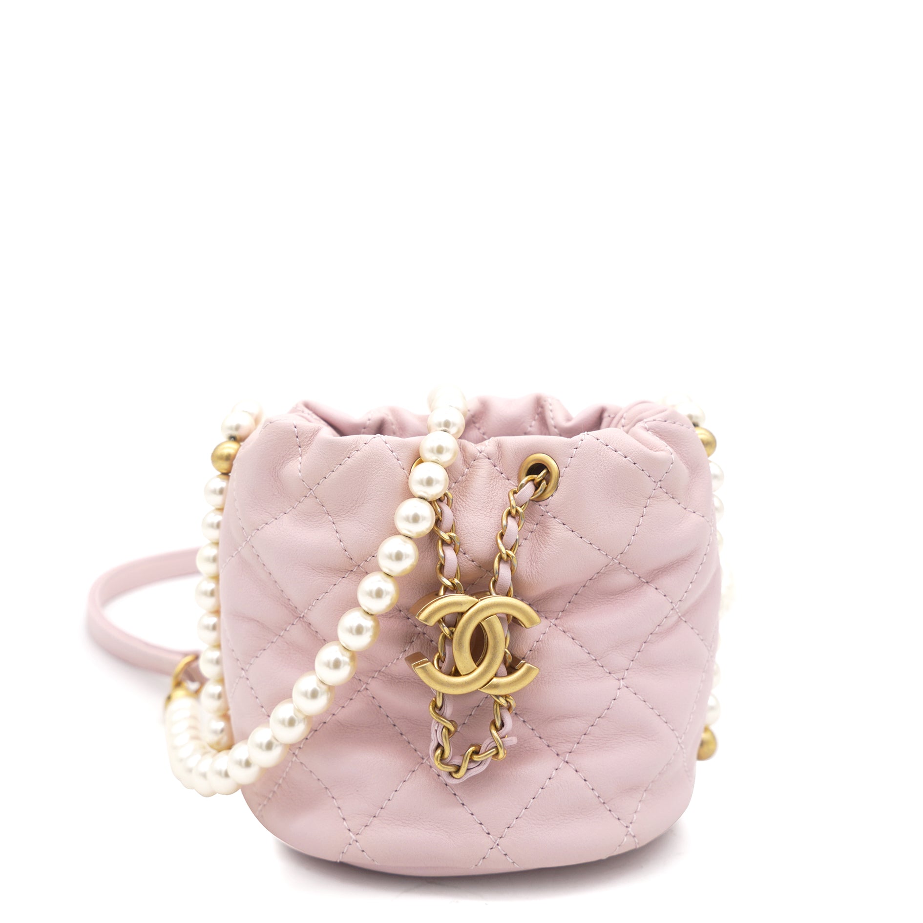 Calfskin Quilted Pearl Mini About Pearls Drawstring Bucket Light Pink