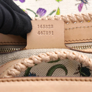 White Flora Canvas and Leather Small Horsebit Hobo