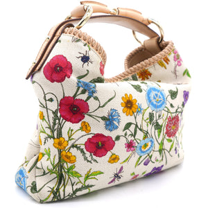 White Flora Canvas and Leather Small Horsebit Hobo
