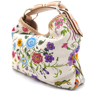 White Flora Canvas and Leather Small Horsebit Hobo