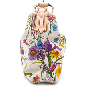 White Flora Canvas and Leather Small Horsebit Hobo