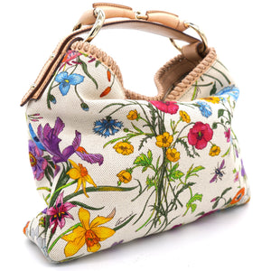 White Flora Canvas and Leather Small Horsebit Hobo