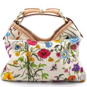 White Flora Canvas and Leather Small Horsebit Hobo