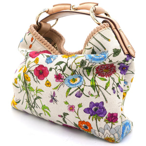 White Flora Canvas and Leather Small Horsebit Hobo