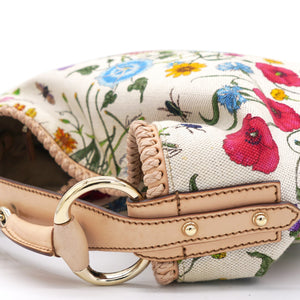 White Flora Canvas and Leather Small Horsebit Hobo