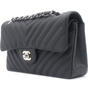 Caviar Chevron Quilted Small Double Flap Black