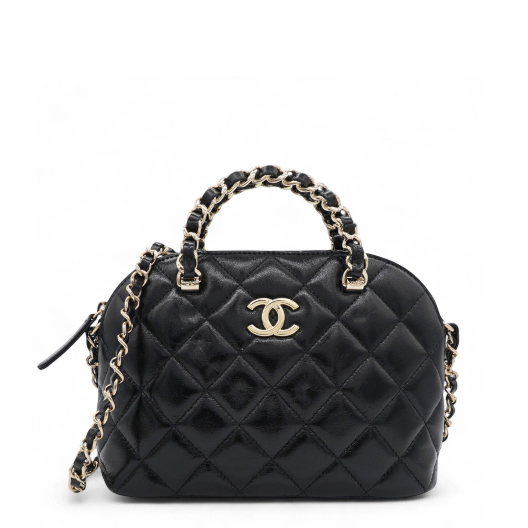 Shiny Lambskin Quilted Shiny Coco Clutch With Chain Black