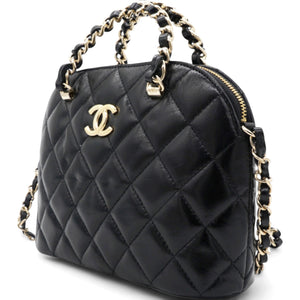 Shiny Lambskin Quilted Shiny Coco Clutch With Chain Black