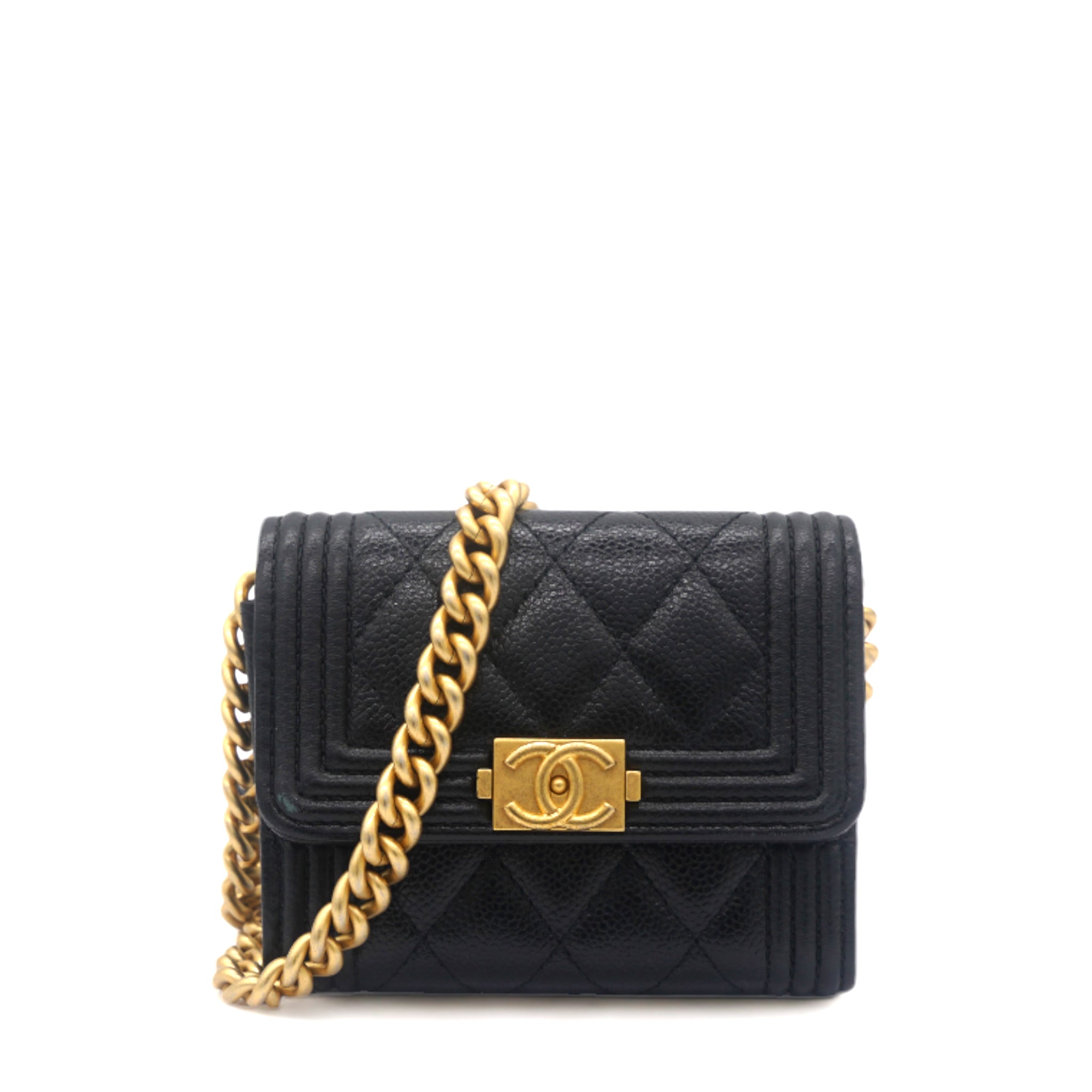 Black Caviar Leather Boy Card Holder with Chain