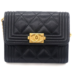Black Caviar Leather Boy Card Holder with Chain