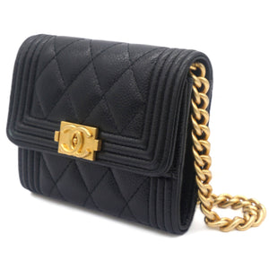 Black Caviar Leather Boy Card Holder with Chain