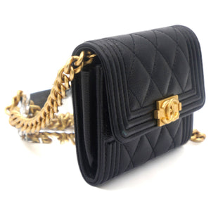 Black Caviar Leather Boy Card Holder with Chain
