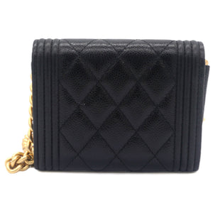 Black Caviar Leather Boy Card Holder with Chain