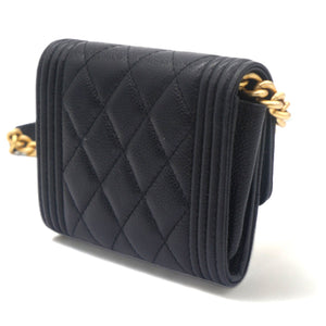Black Caviar Leather Boy Card Holder with Chain