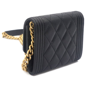 Black Caviar Leather Boy Card Holder with Chain
