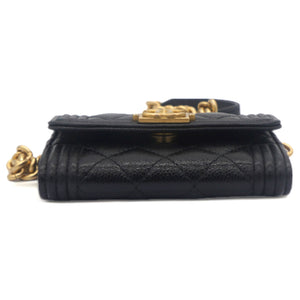 Black Caviar Leather Boy Card Holder with Chain