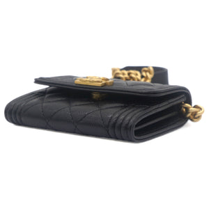 Black Caviar Leather Boy Card Holder with Chain