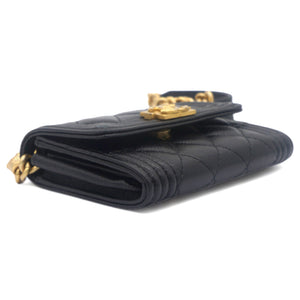 Black Caviar Leather Boy Card Holder with Chain