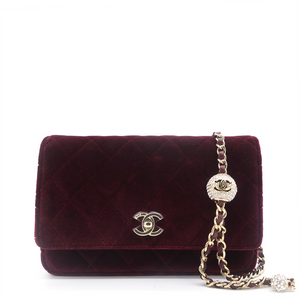 Velvet Quilted Pearl Crush Wallet On Chain WOC Burgundy