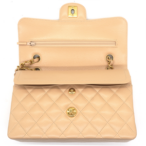 Caviar Quilted Small Classic Double Flap Beige
