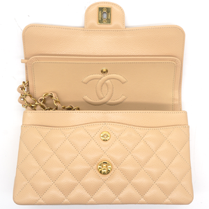 Caviar Quilted Small Classic Double Flap Beige